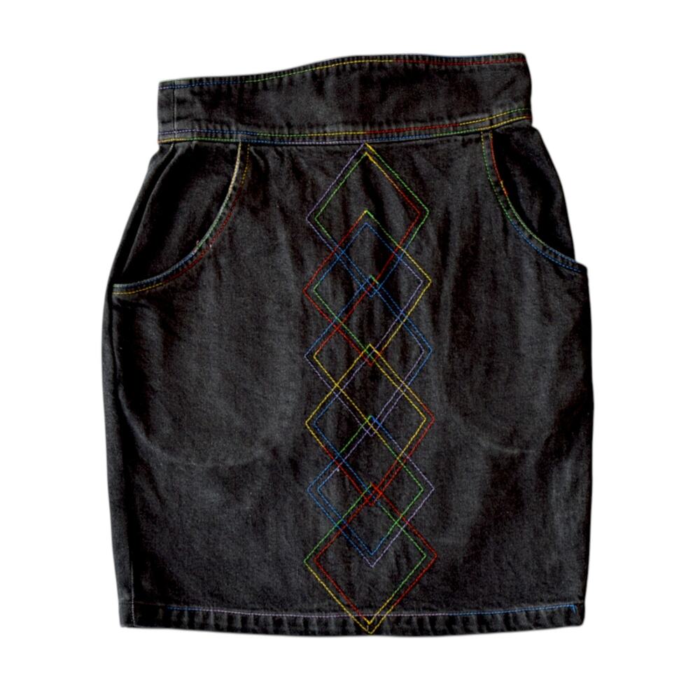 Vintage Dark Denim High Rise Mini Skirt Rainbow Stitch Small